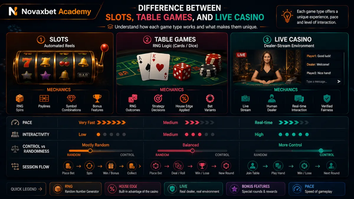 Difference Between Slots, Table Games, and Live Casino